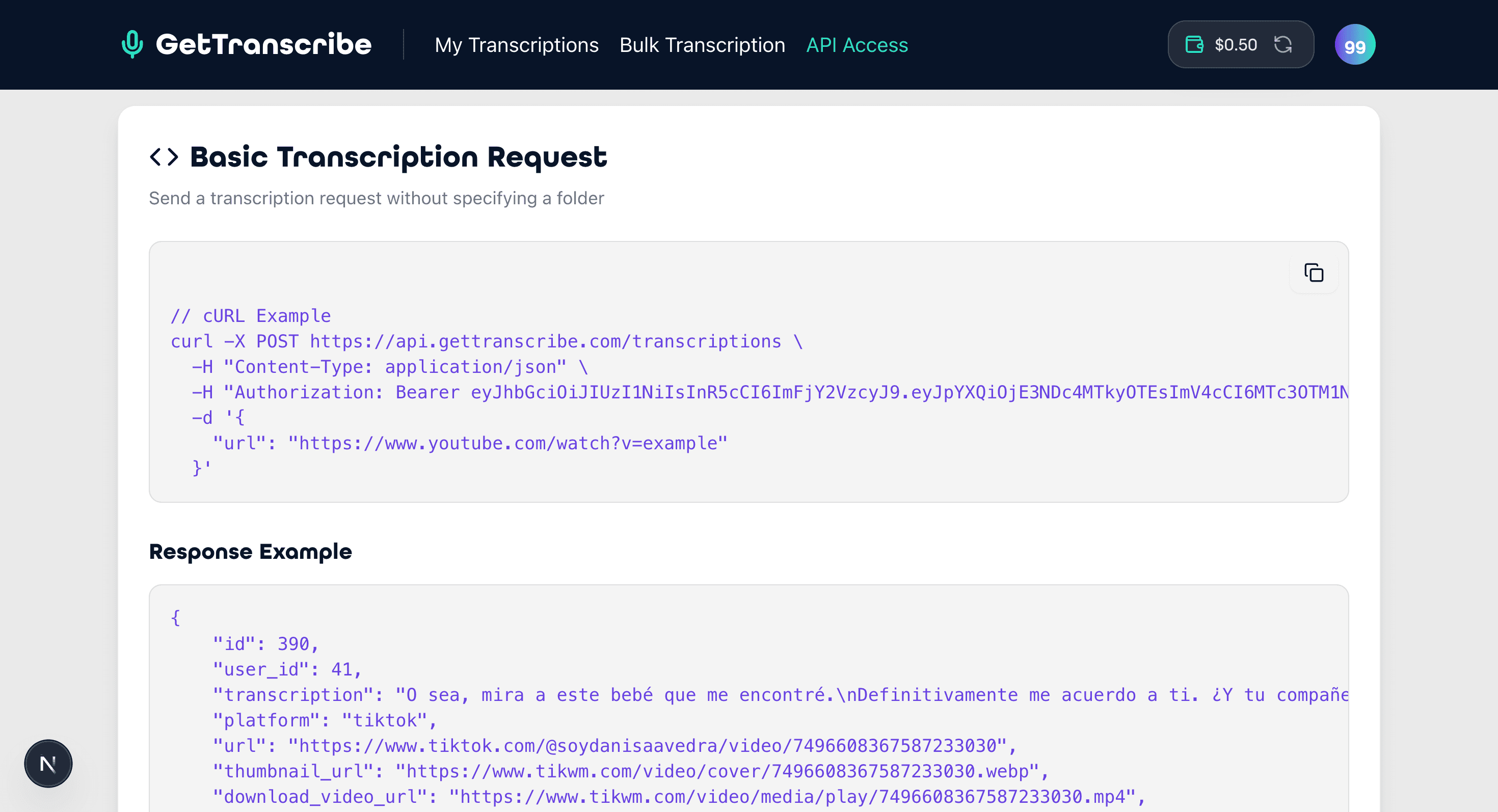 GetTranscribe API Access