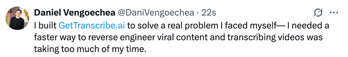 Tweet from Daniel Vengoechea, founder of GetTranscribe