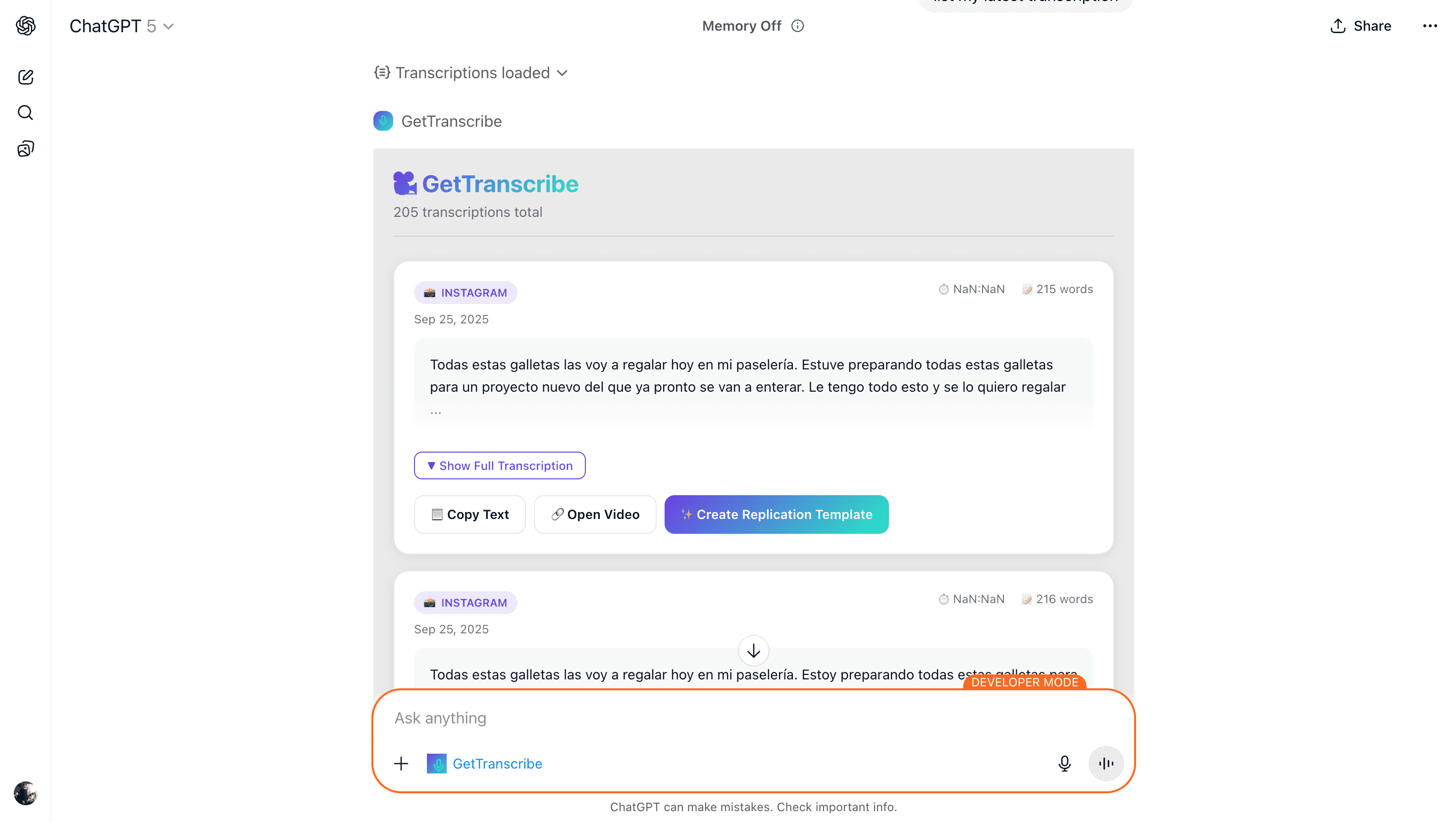 GetTranscribe ChatGPT Integration - Access transcriptions from AI conversations