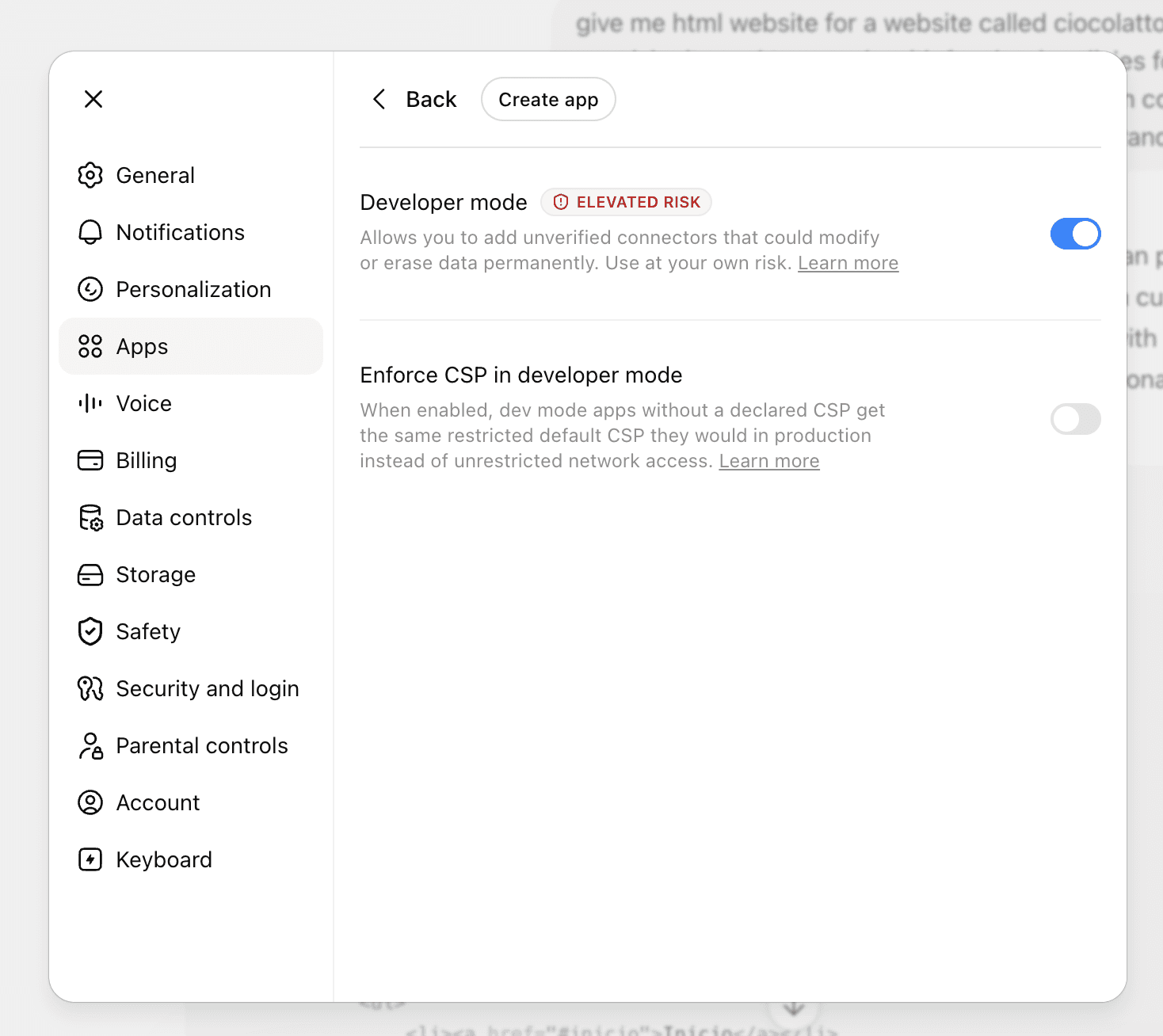 Configuración de ChatGPT mostrando el toggle de Developer mode bajo Apps, Advanced settings