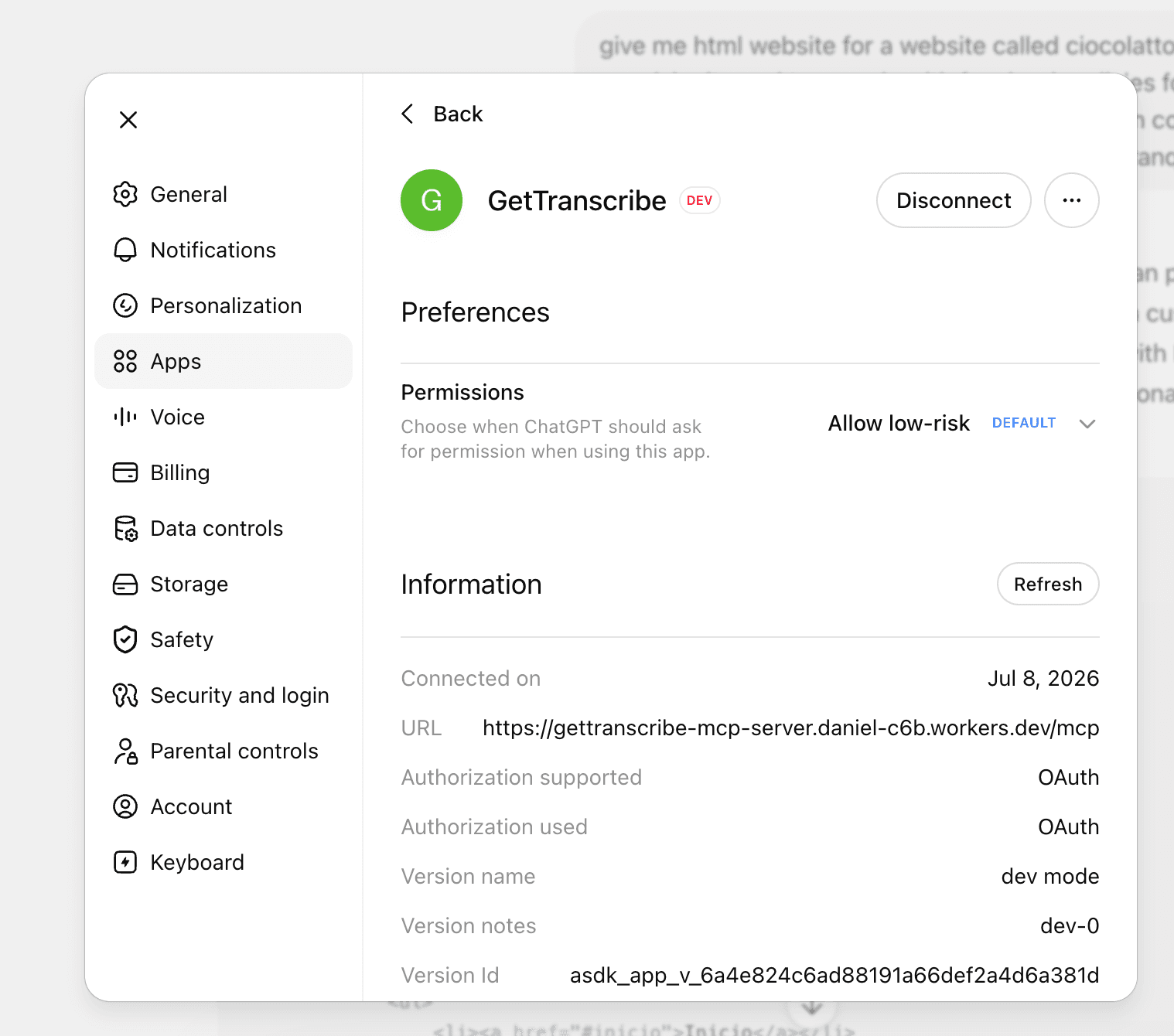 App GetTranscribe conectada en ChatGPT mostrando autorización OAuth y la MCP server URL