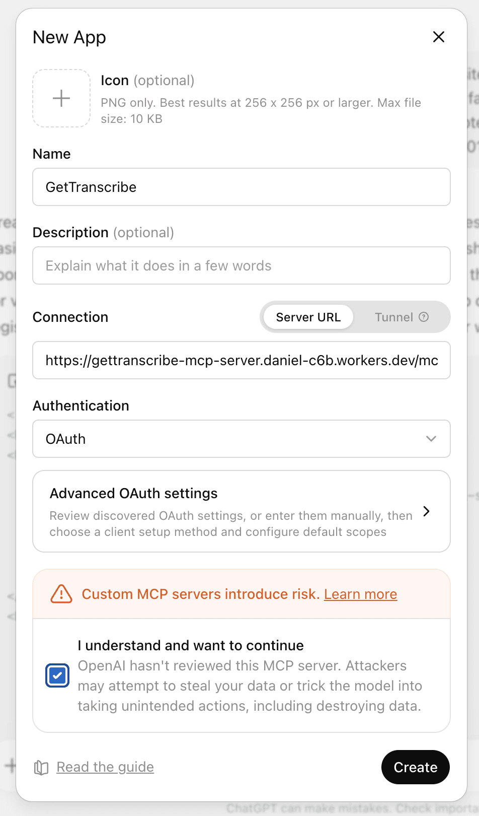 Diálogo New App de ChatGPT con la MCP server URL de GetTranscribe y OAuth seleccionado
