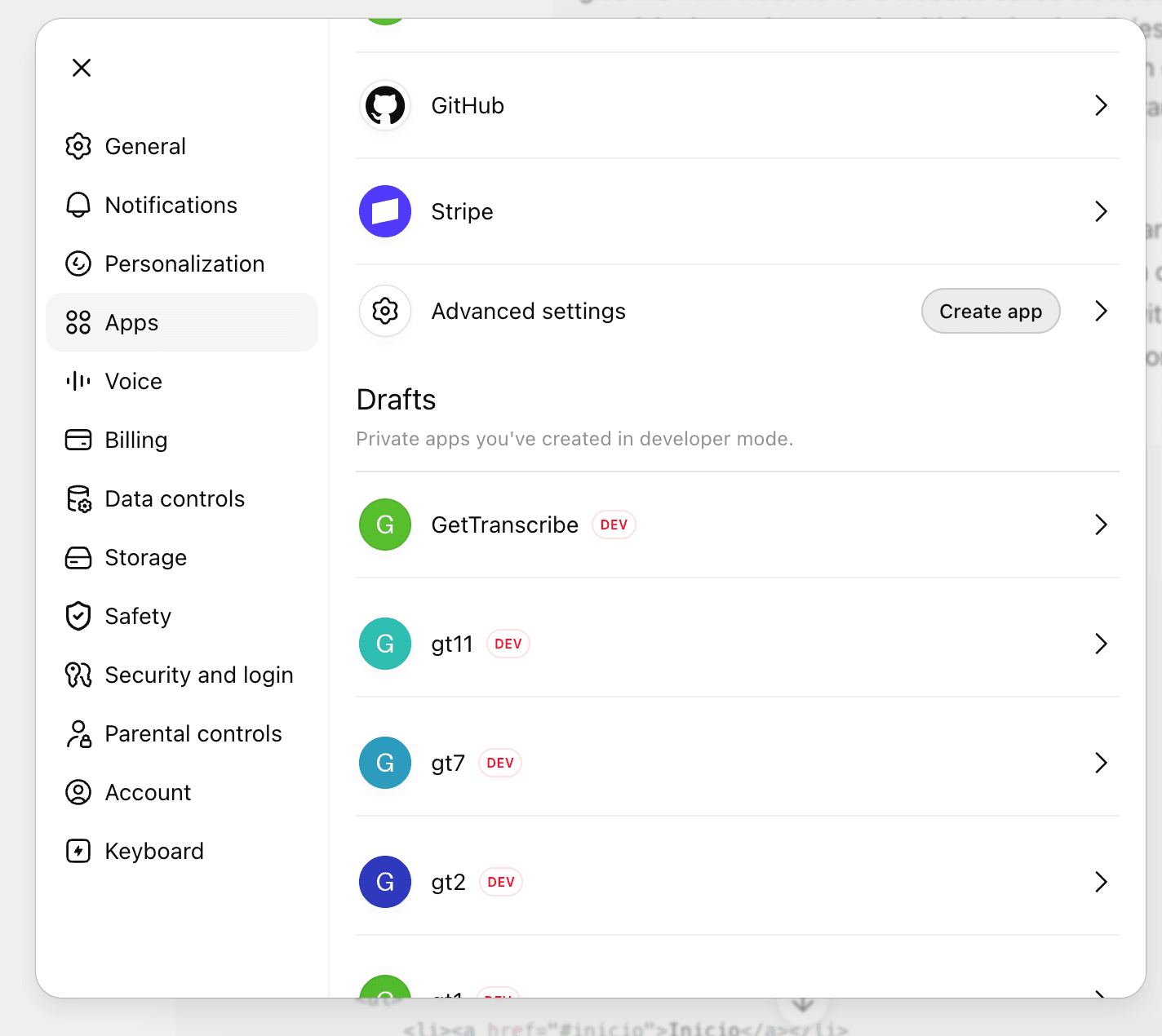 Configuración de Apps de ChatGPT mostrando el botón Create app junto a Advanced settings
