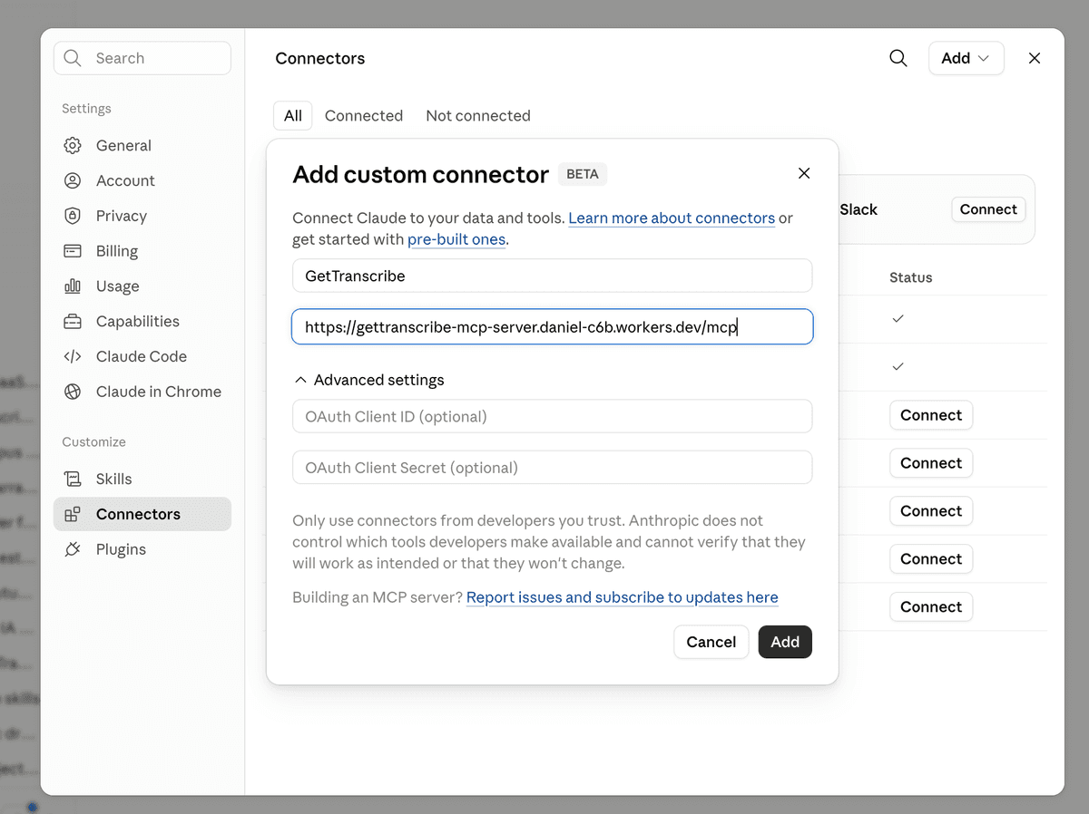 Adding the GetTranscribe custom connector in Claude.ai settings with the MCP server URL