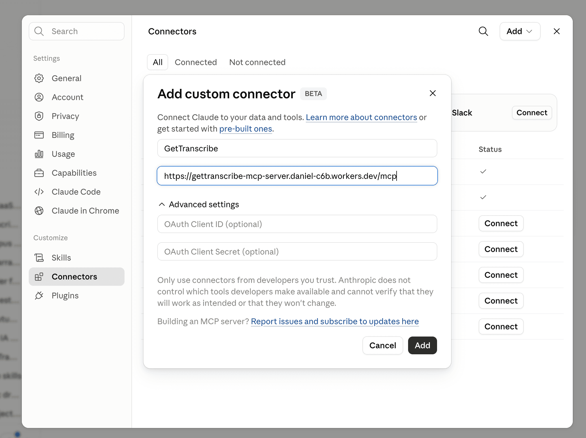 Add custom connector dialog in Claude.ai settings with the GetTranscribe name and MCP server URL filled in