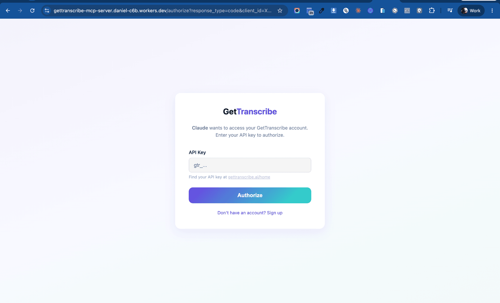 GetTranscribe consent page asking for the API key to authorize Claude