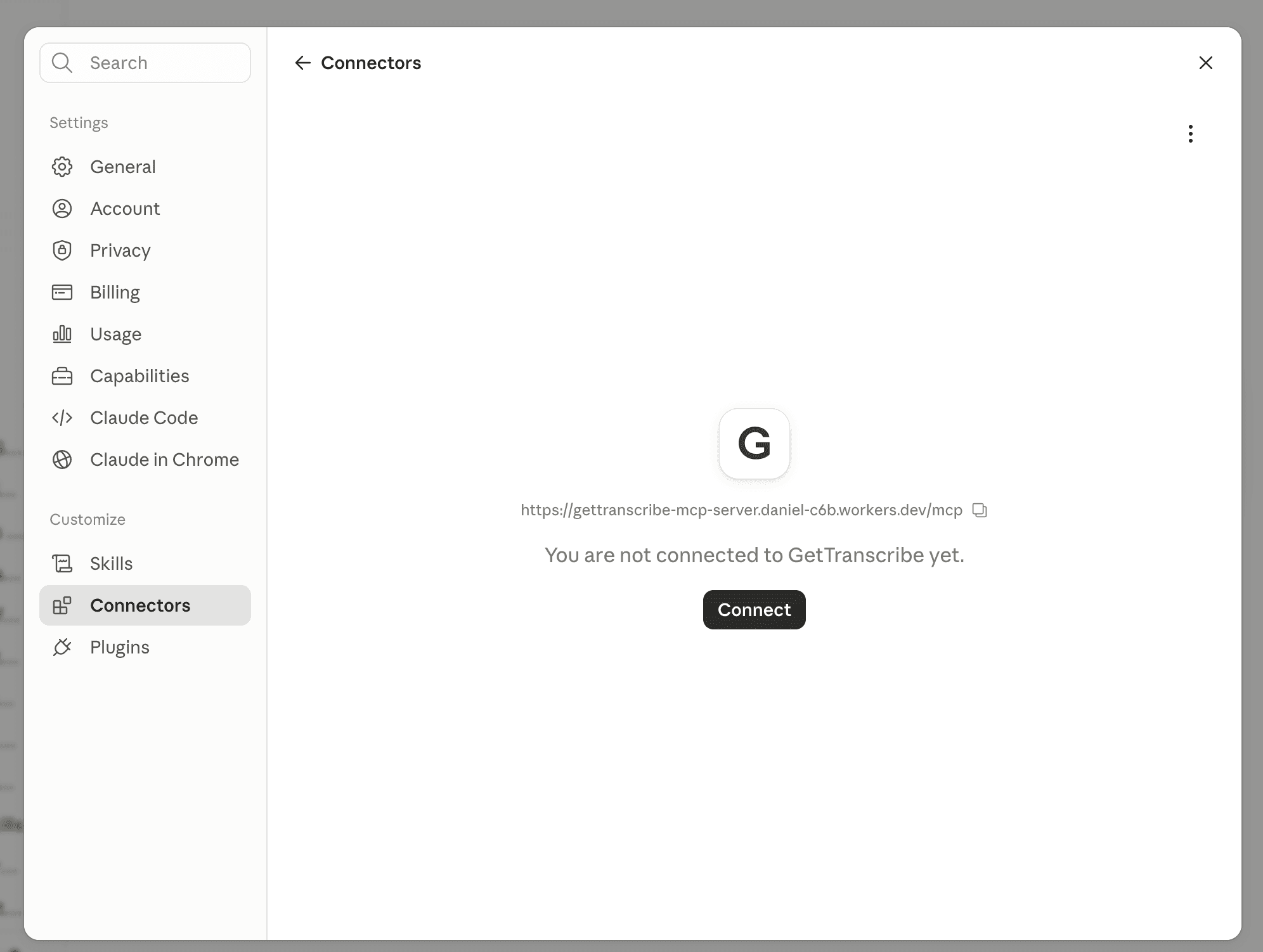 GetTranscribe connector page in Claude.ai showing the Connect button