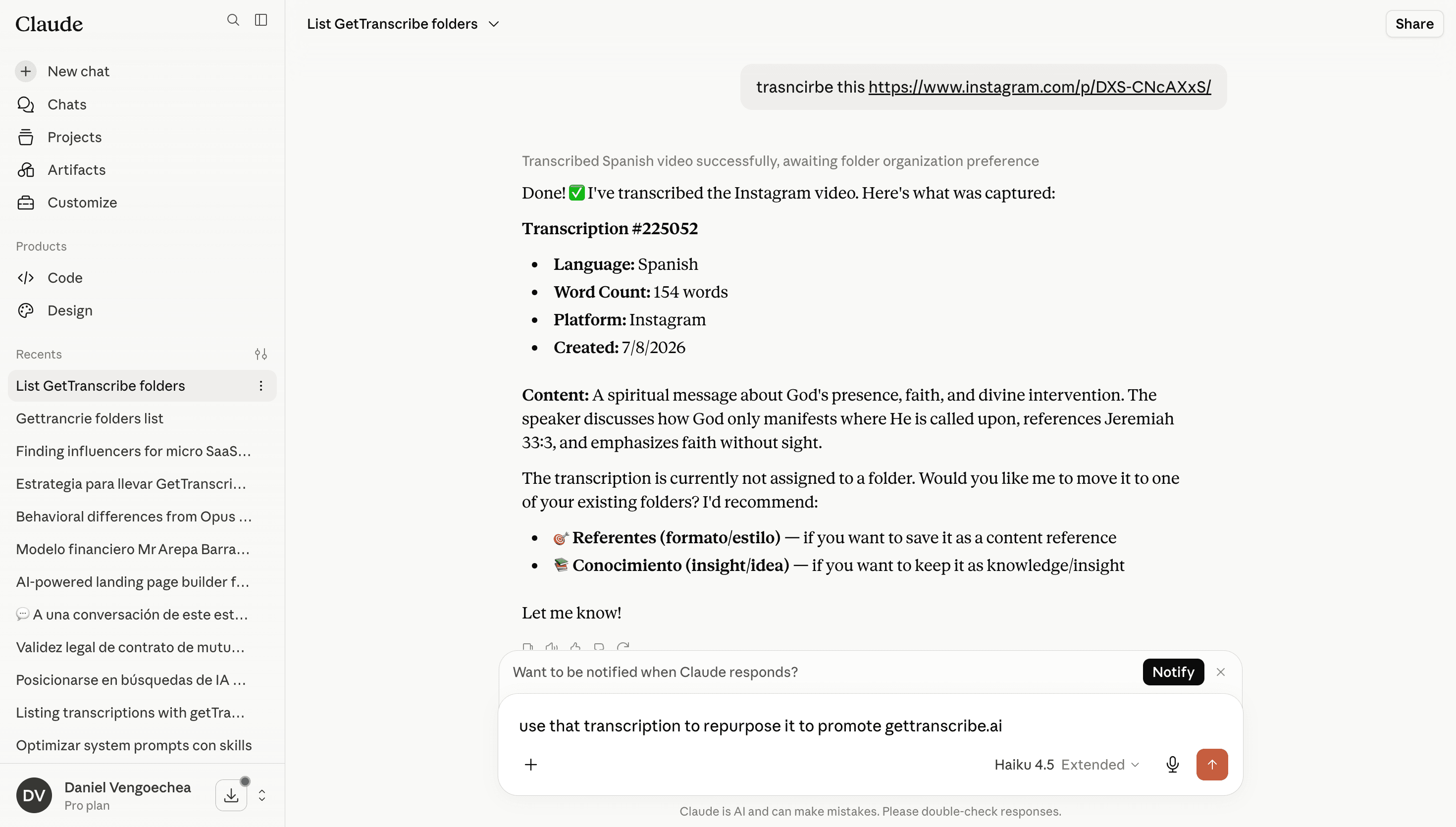 GetTranscribe working inside Claude — transcribing an Instagram video directly in a conversation