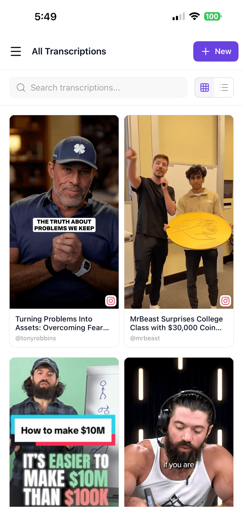 Library of viral videos transcribed