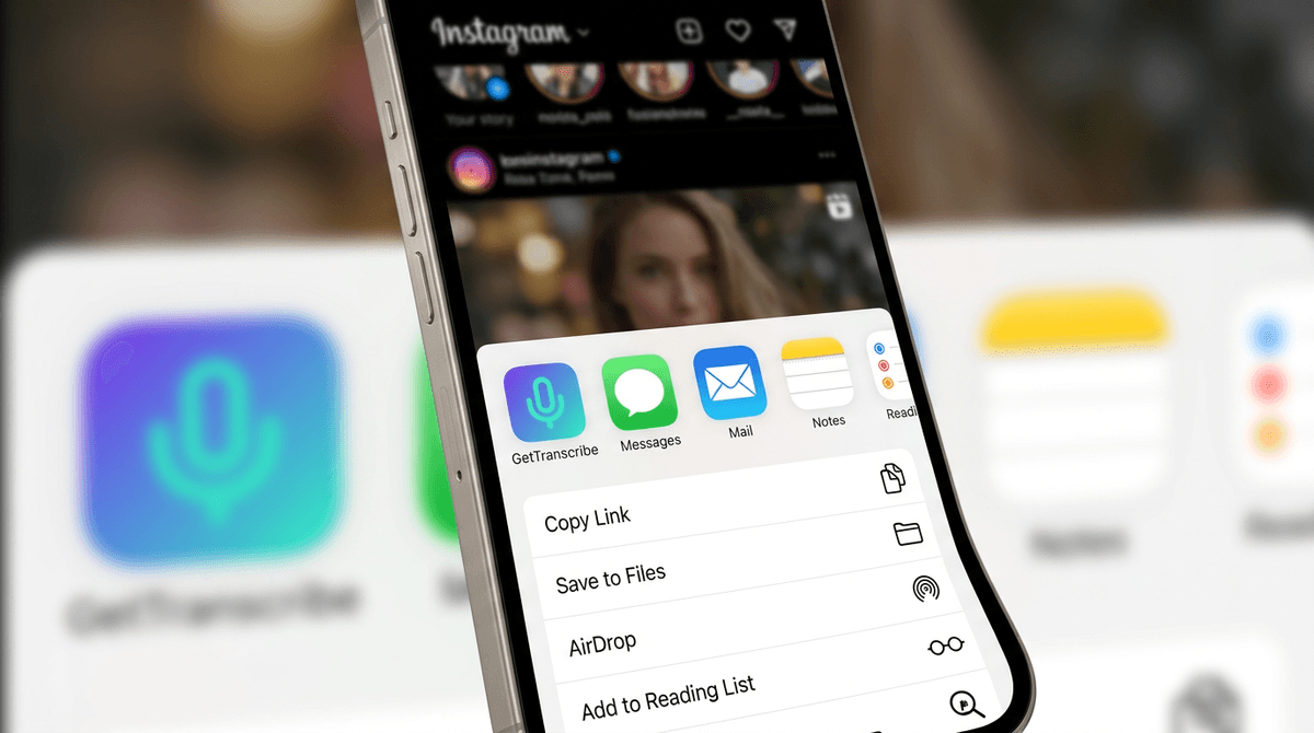iOS share sheet with GetTranscribe