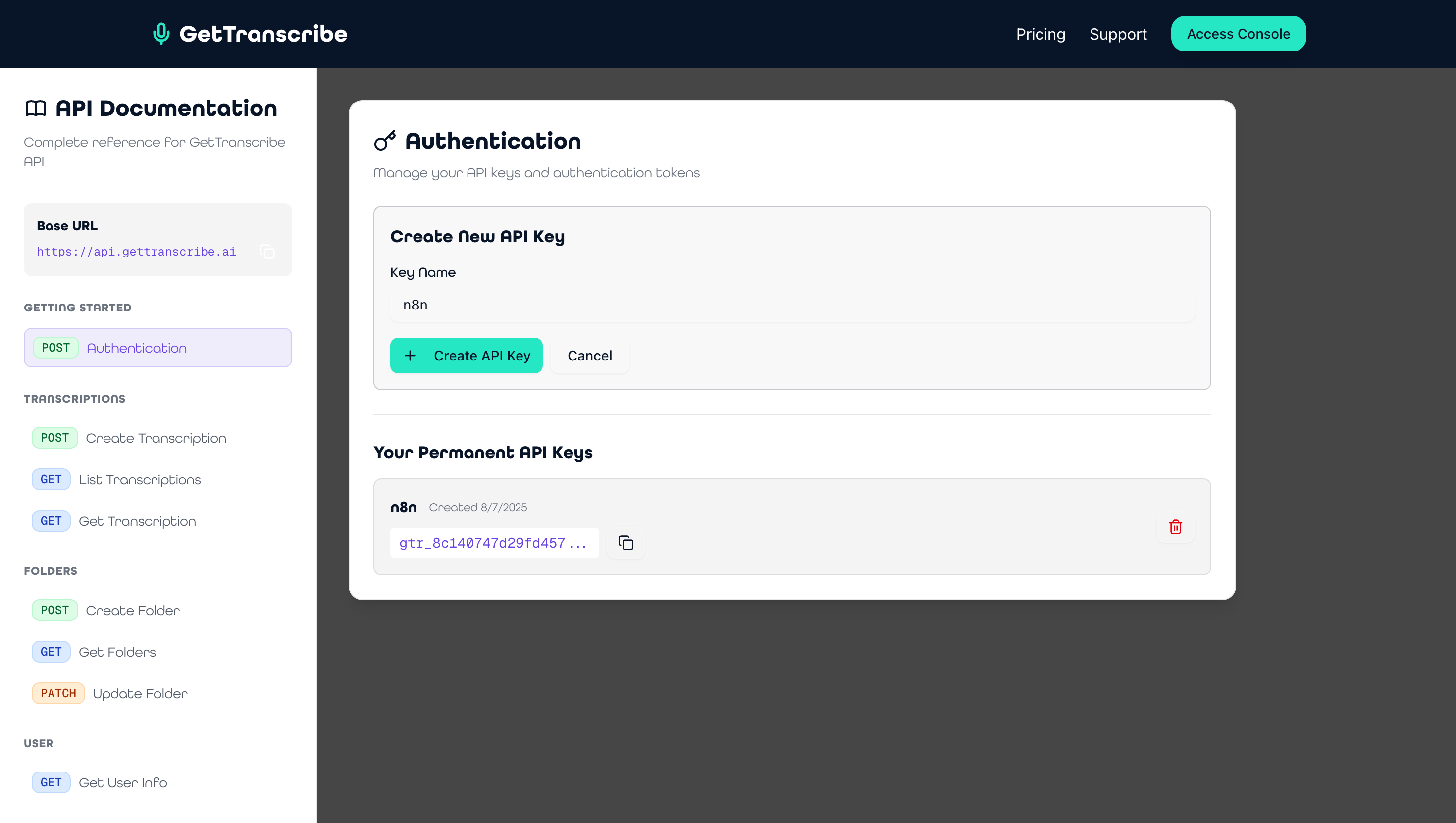 How to setup API key in GetTranscribe dashboard for n8n integration